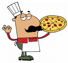 A man with a mustache wearing a chef hat and apron holding a pizza.