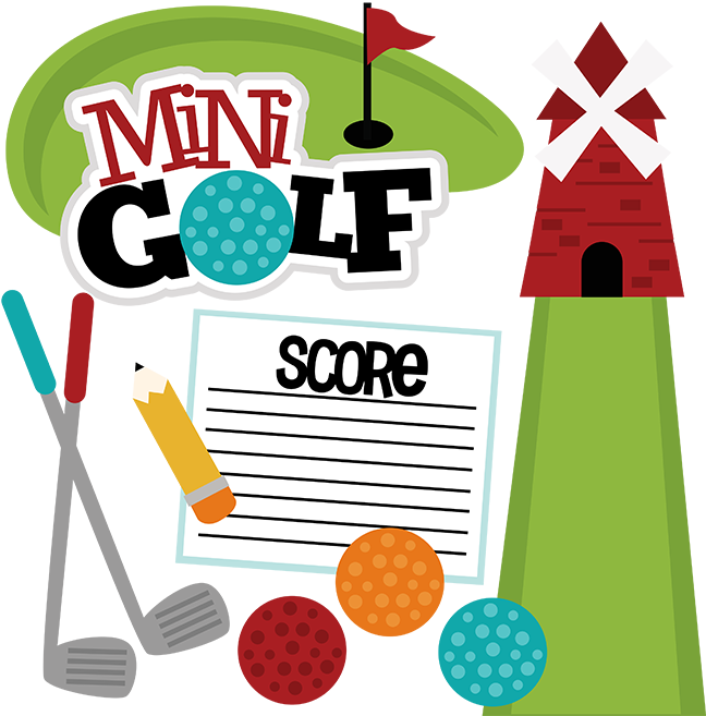 Image of mini golf hole, a score sheet, three balls, two putters and the words "Mini Golf."