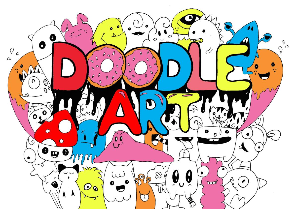 Image of cartoon art centered around the words "Doodle Art."