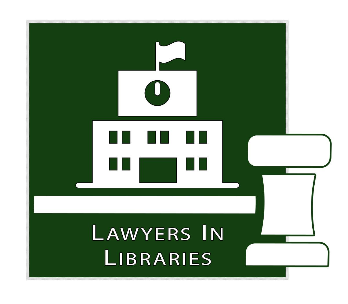 Lawyers in Libraries white text on green background. An image of a library in white.