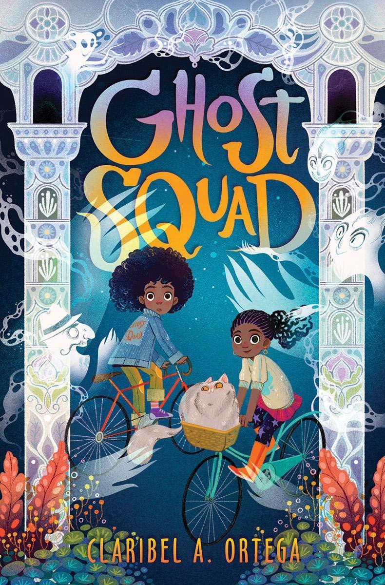 The cover of "Ghost Squad", featuring two young girls riding on bikes with ghosts surrounding them.