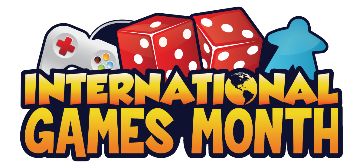 Cards, dice, and a wooden figure over the words, 'International Games Month'.