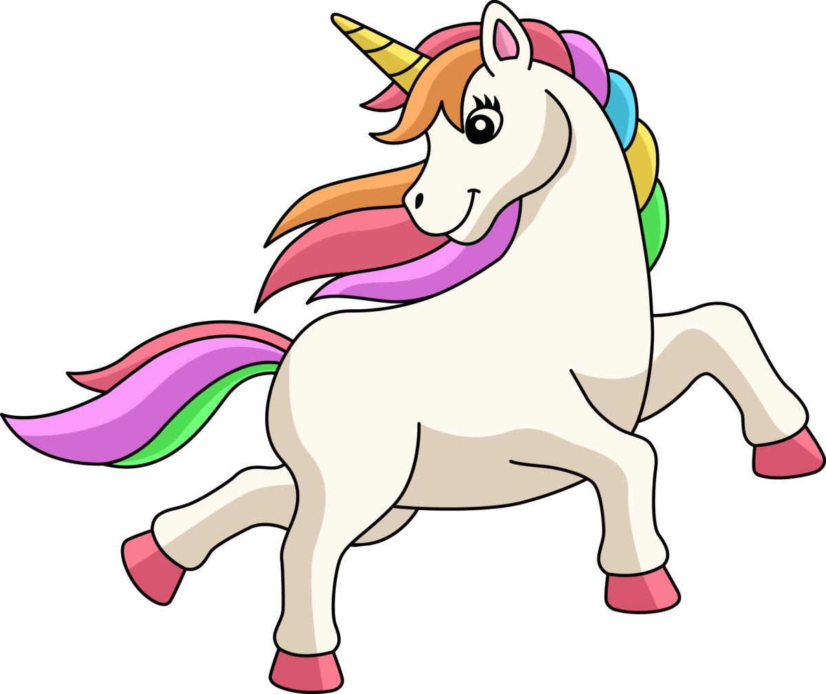 A white horse with colorful mane and tail with a horn on it's forehead.