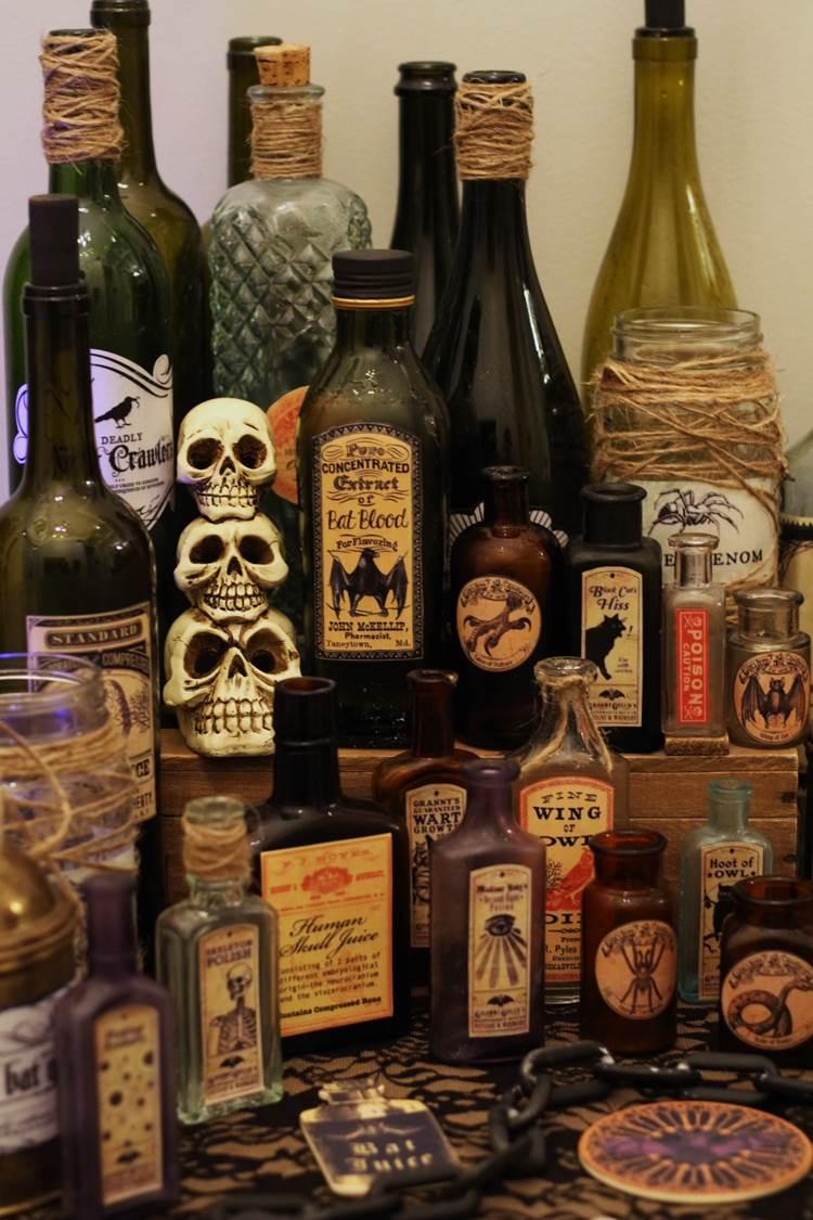 A photograph of a variety of DIY Halloween potions. 