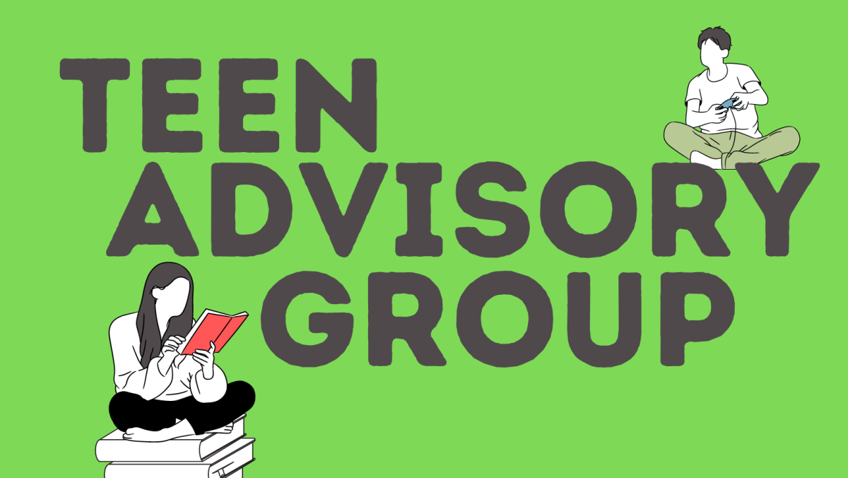 Image with the words Teen Advisory Group, featuring a girl reading and a boy playing video games.