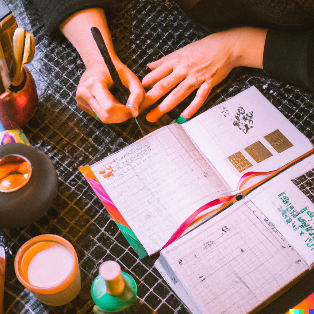 A person is writing in a journal surrounded by candles and a calendar.