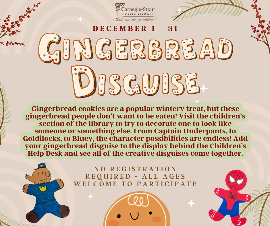 Gingerbread Disguise flyer featuring gingerbread people disguised as Dog Man and Spiderman.