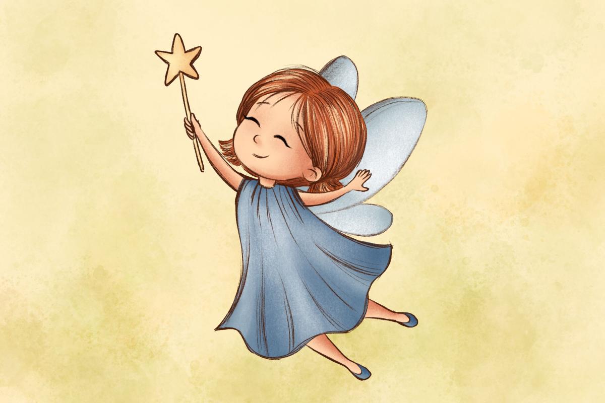 A girl with wings and a blue dress on holding a wand with a star on it. 