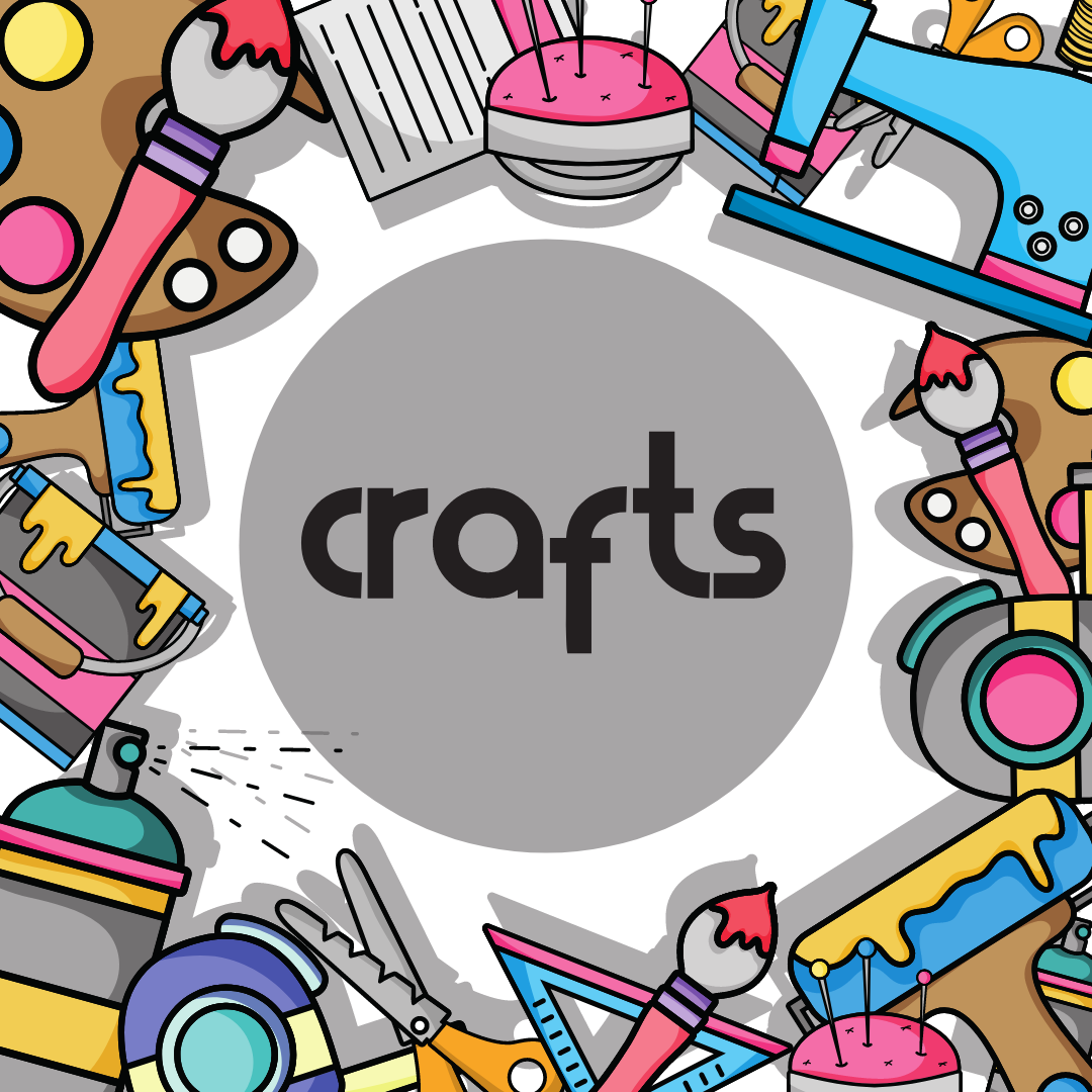 The word 'crafts' circled by cartoonish drawings of crafts supplies.