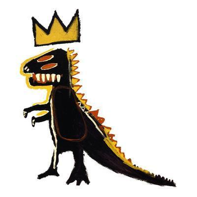 Basquiat painting of a black dinosaur with red eyes and a yellow crown floating above its head.