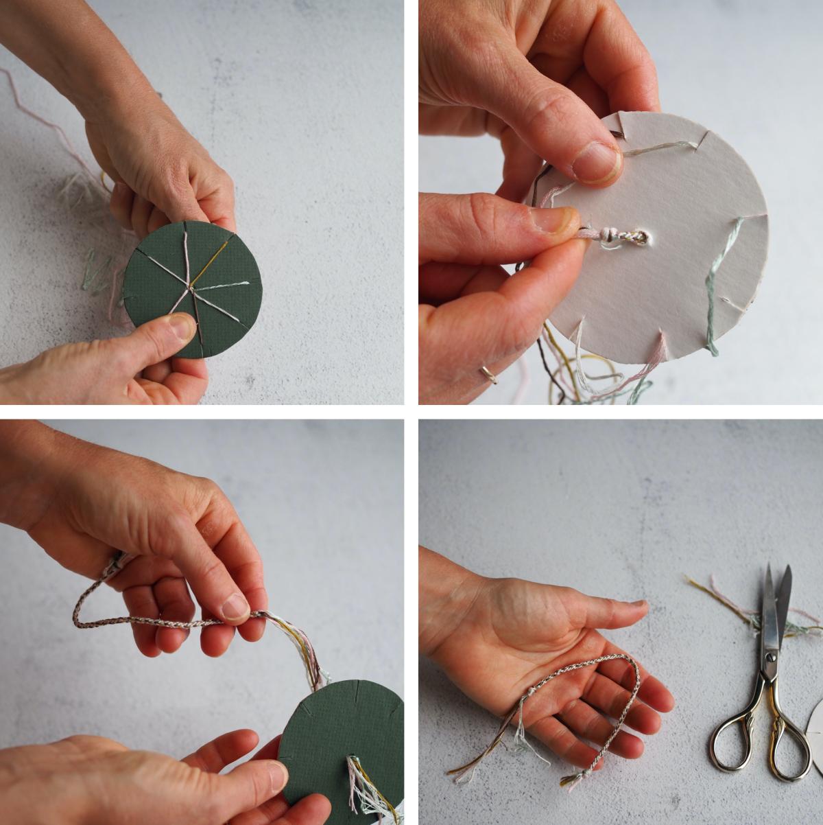 Photos of a DIY Kumihimo which is a circular cardboard with notches. 