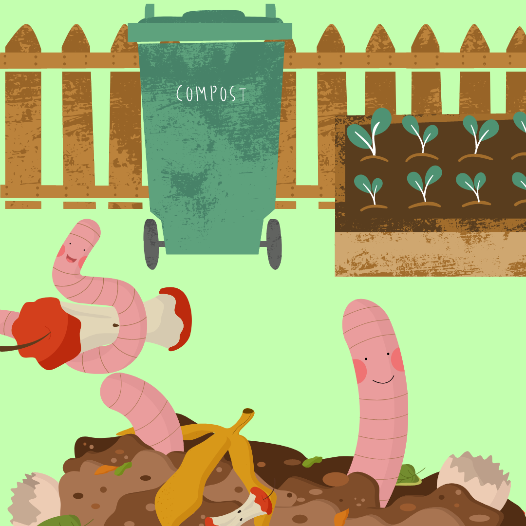 cartoon drawings of large worms with apple cores and other organic waste in front of a recycling bin and a small garden with a fence border. The worms are cute and smiling.