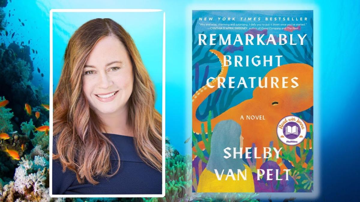 A photograph of Shelby Van Pelt next to the cover image of Remarkably Bright Creatures over an undersea background.