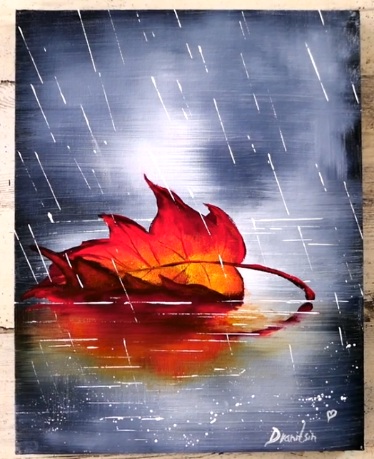 Acrylic painting of an autumn leaf in the rain.