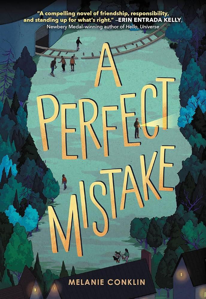 The silhouette of a face in a dark forest with the title, "A Perfect Mistake" by Melanie Conklin.