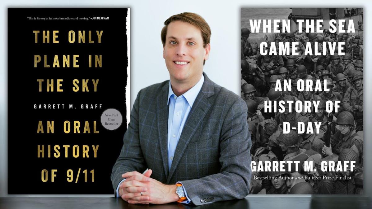 Photo of author Garrett Graff, a white man with dark brown hair. On either side of him, their are photos of two of his book covers.