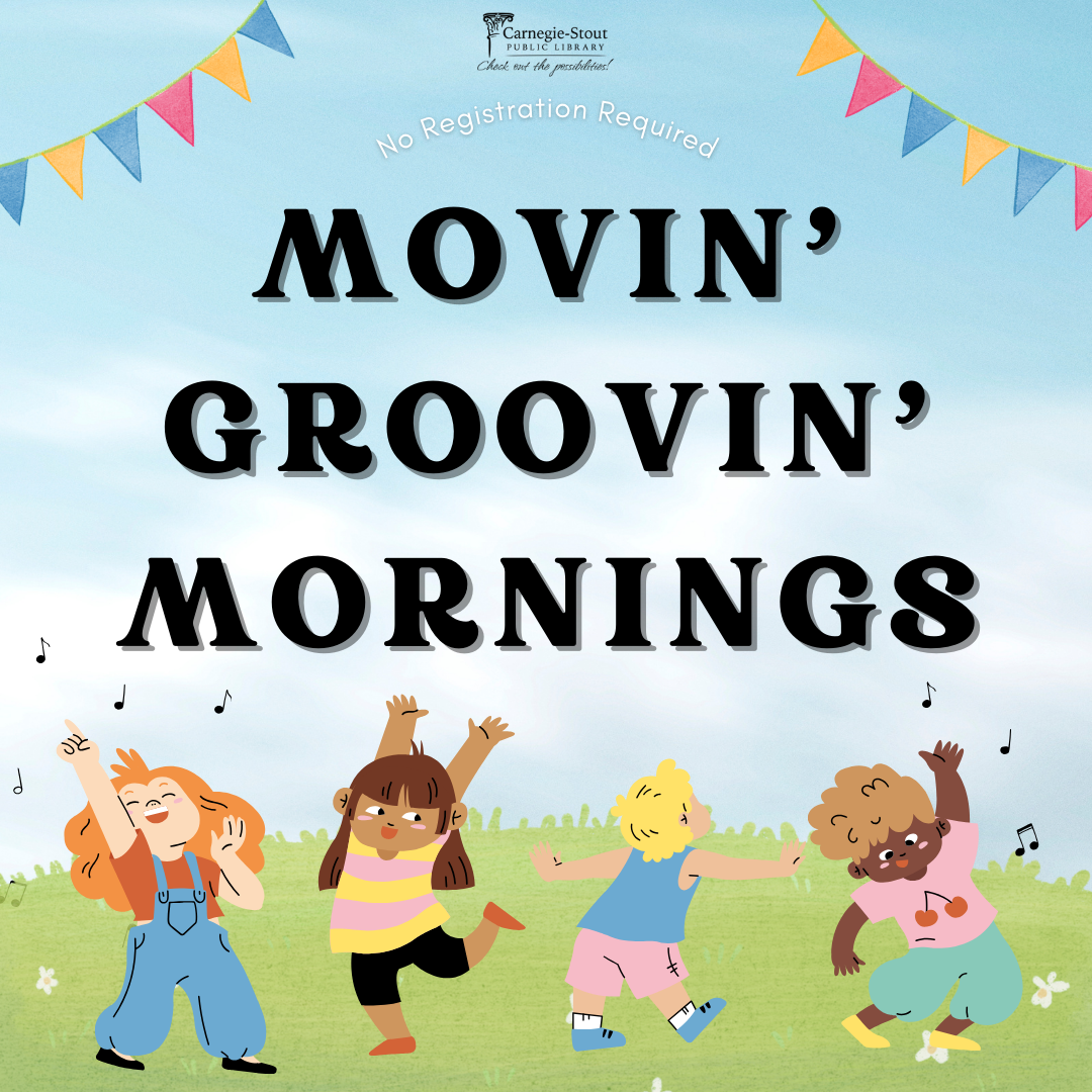 Black text reads "Movin' Groovin' Mornings" above clipart of four children smiling and dancing together.