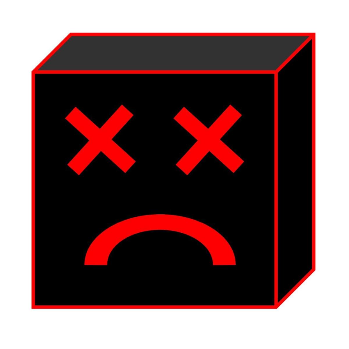 Graphic of a black cube with red x's for eyes and a simple line-drawn frown.