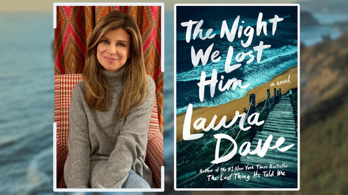 A photo of Laura Dave sitting next to the cover of her book, The Night We Lost Him.