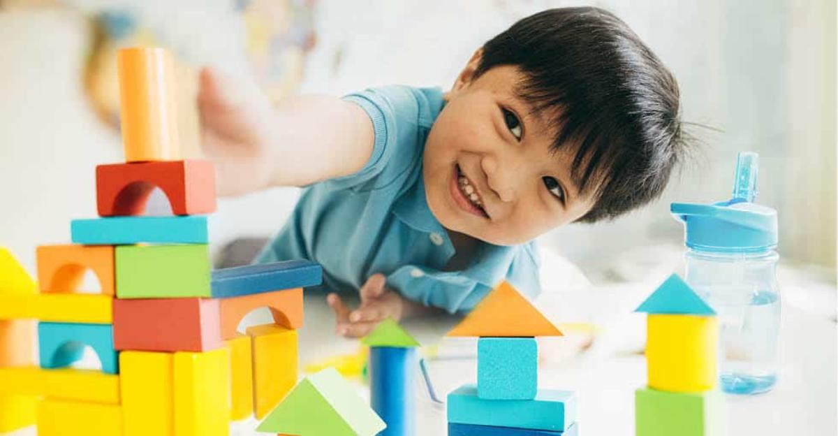 Photo of a preschool-age child playing with colorful blocks.