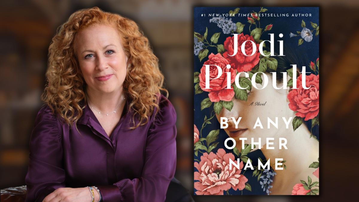 Photo shows author Jodi Picoult with close-up of her book "By Any Other Name."