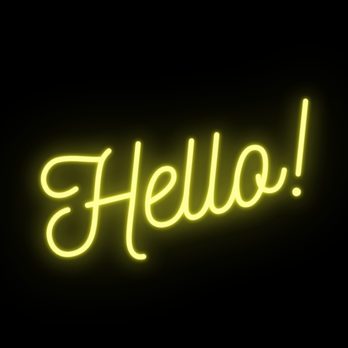 Neon yellow "Hello!" on a black background.