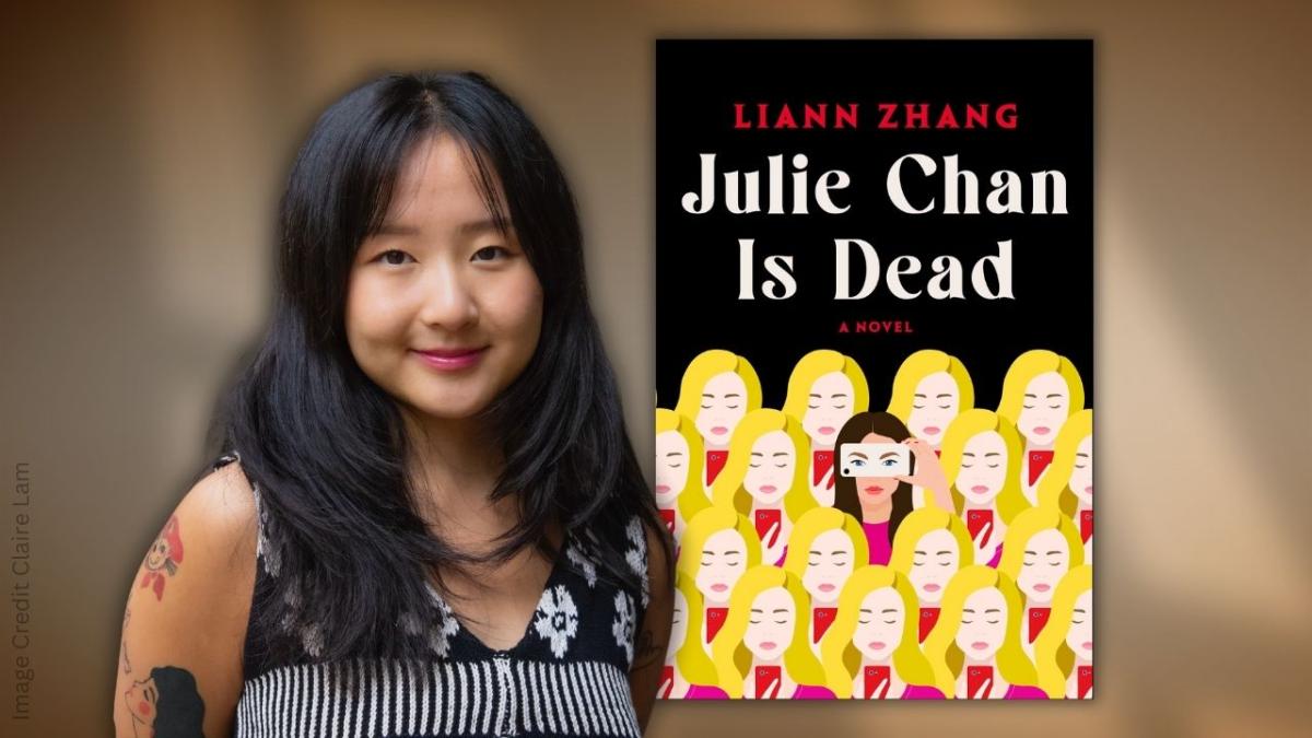 Photo of author with cover of her book titled "Julie Chan is Dead."