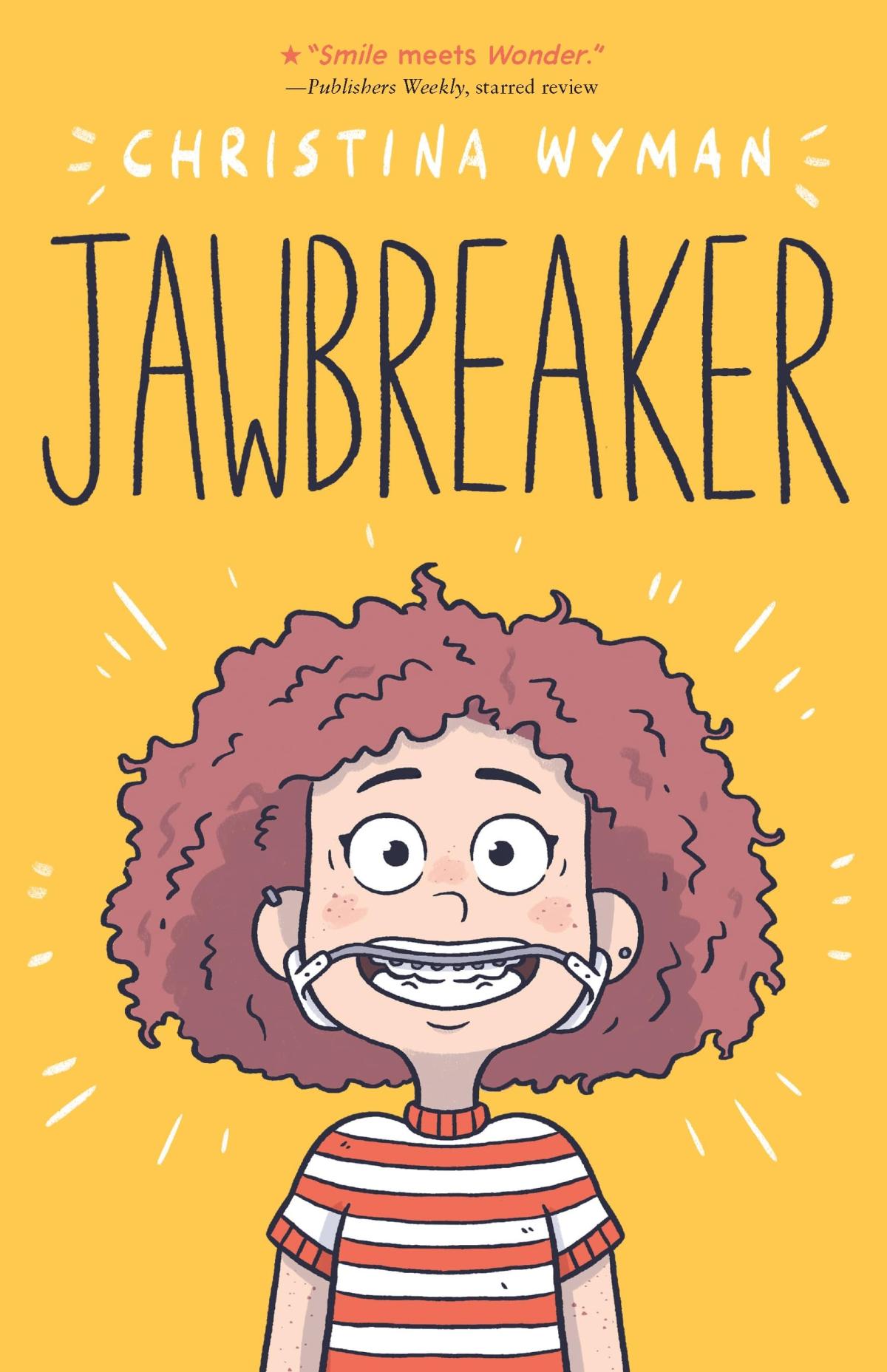 Book cover with title and author listed and a drawing of a girl with braces.