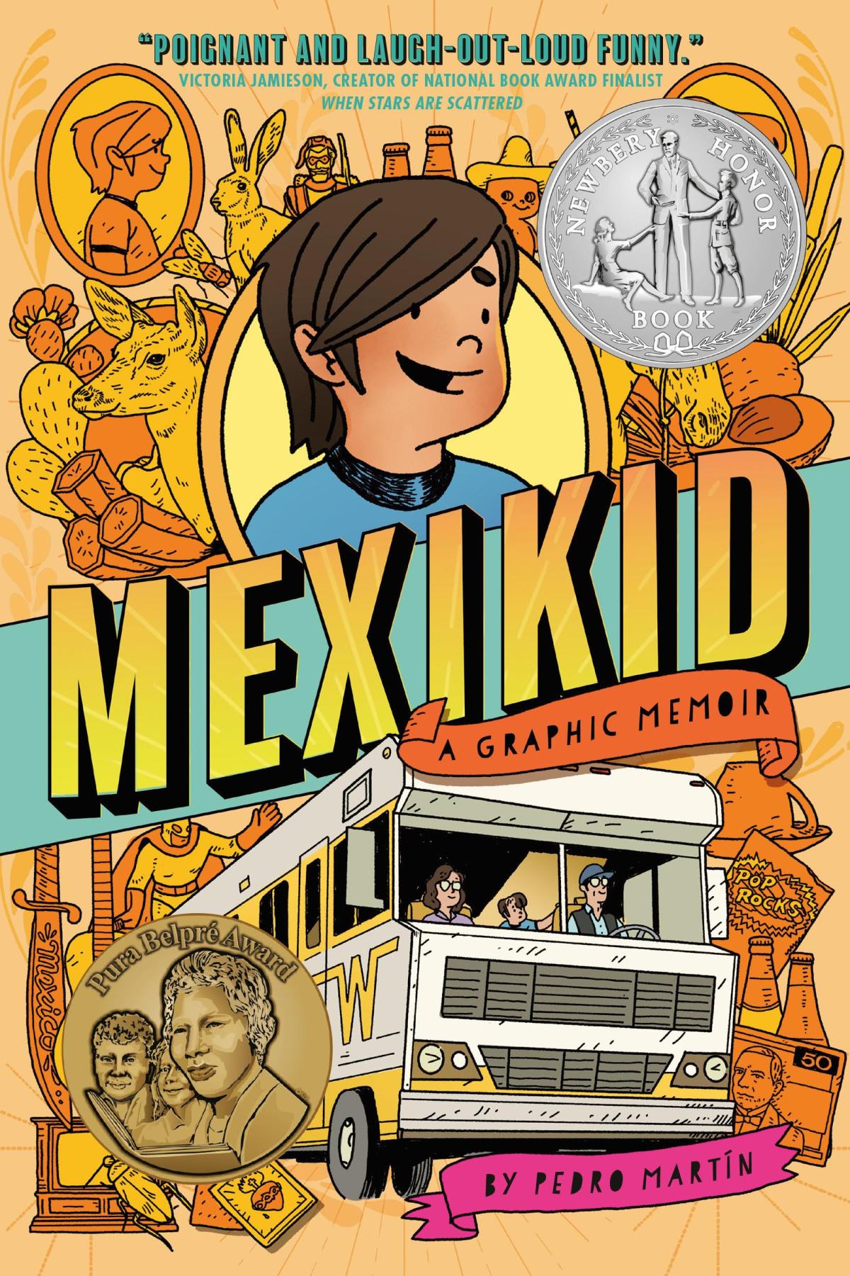 Book cover with drawing of a boy the title and an RV.