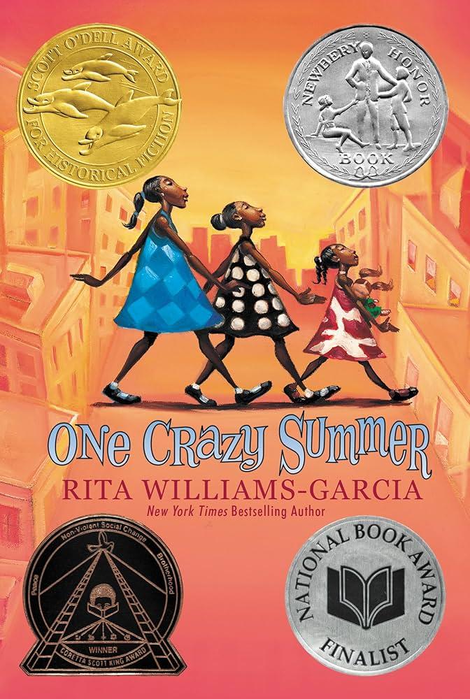 Book cover with three girls walking across a crosswalk.