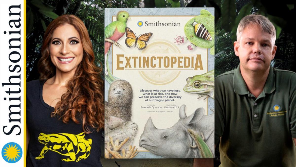 Shows cover of book "Extinctopedia" and two authors.